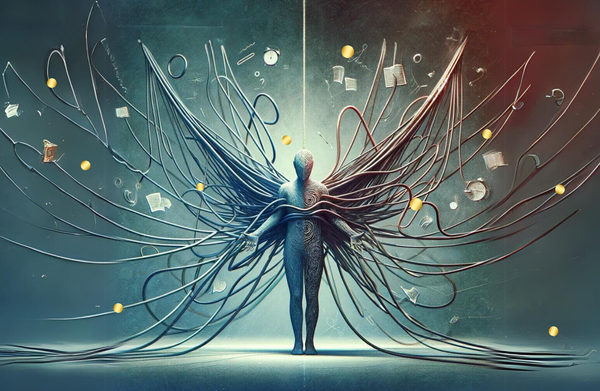 A conceptual image of a person overwhelmed by swirling tabs, thoughts, and story fragments — visualizing Open Loop Fatigue.