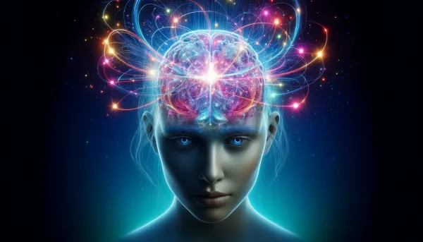 A surreal, artistic image of a woman with loops radiating from her mind, symbolizing how stories shape belief, rewire identity, and power meaningful change